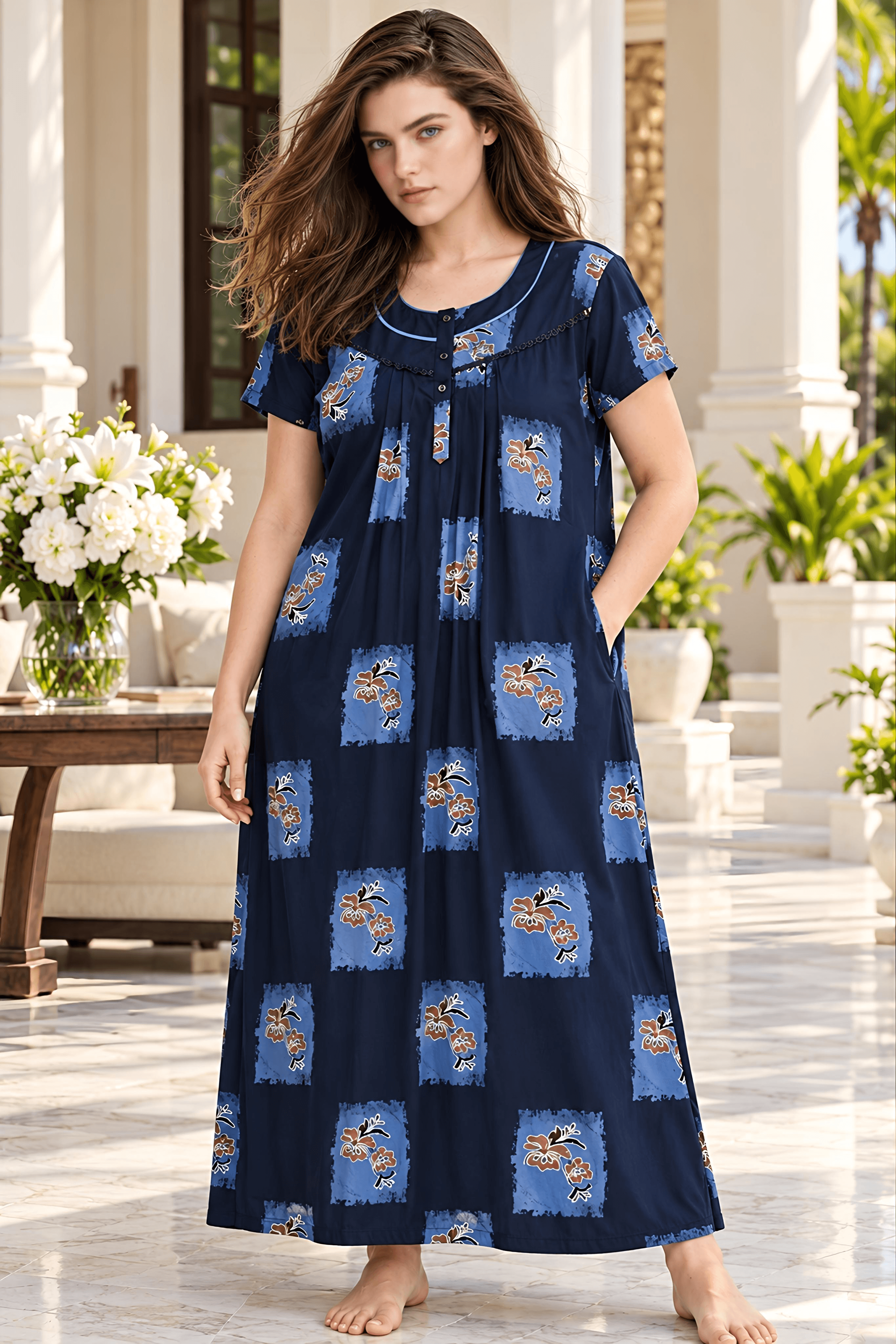 Japanese Indigo Soft Alpine Lace Yoke Nightgown with Front Buttons