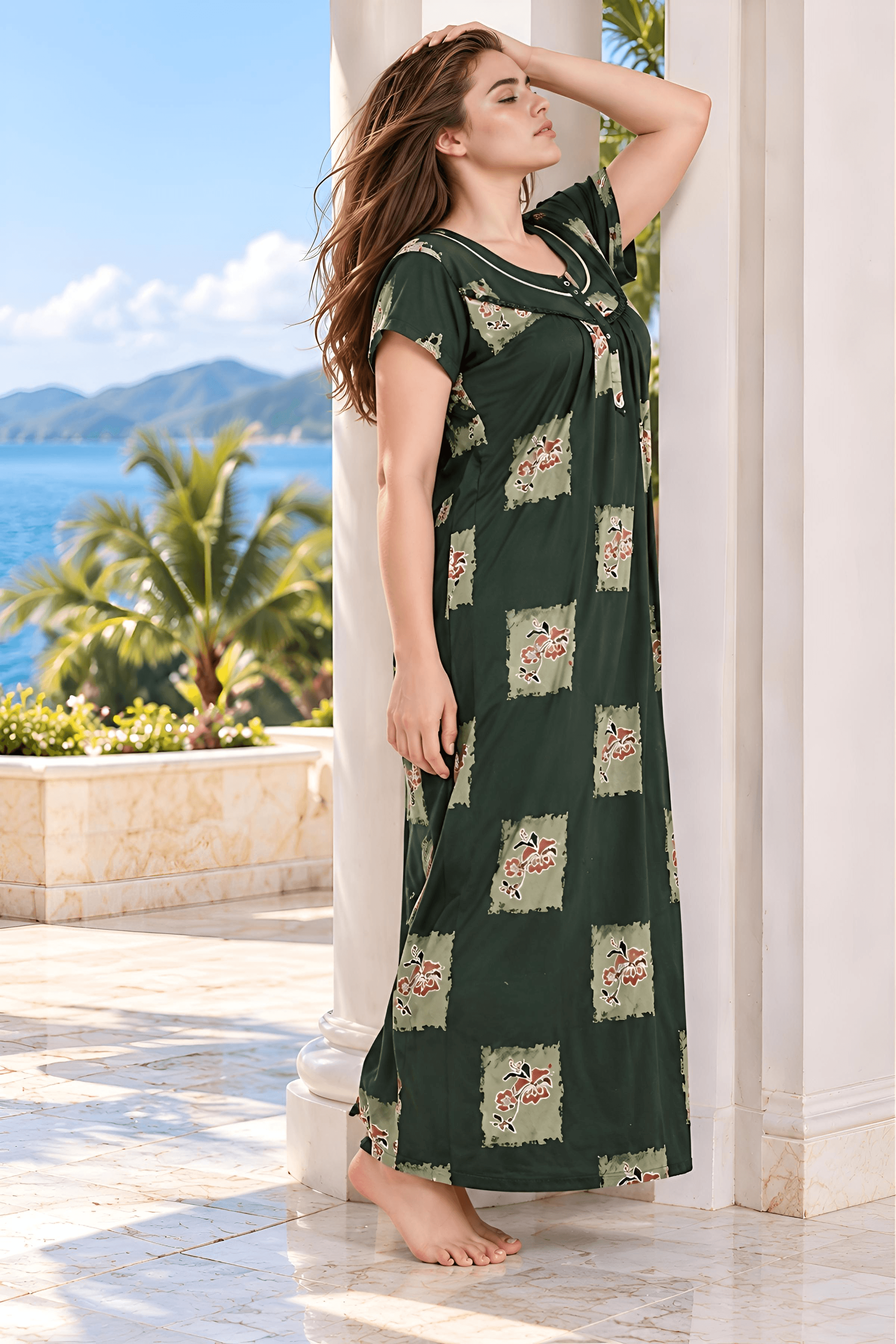 Deep Pine Green Soft Alpine Lace Yoke Nightgown with Front Buttons